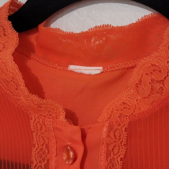 Vintage Nightgown Womens Small 60s Coral Chiffon Lacy Ruffle Trimmed Yoke Retro - Picture 7 of 8